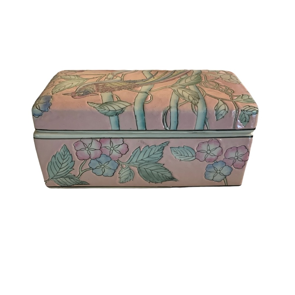 WBI Pheasant Bird Of Paradise Floral Trinket Jewelry Box Mid Century Ceramic - Picture 3 of 4